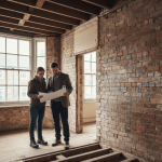 Architects reviewing renovation plans in a brick-walled room with exposed beams and large windows