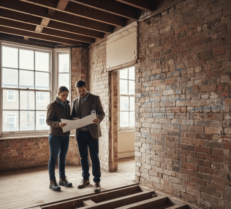 Architects reviewing renovation plans in a brick-walled room with exposed beams and large windows