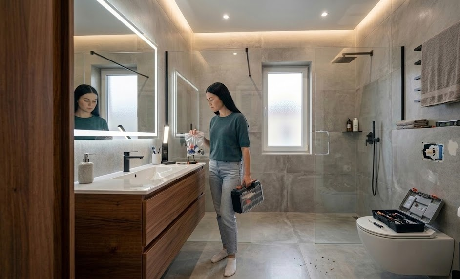 Woman in modern bathroom holding tool kit, checking fixtures for home improvement project