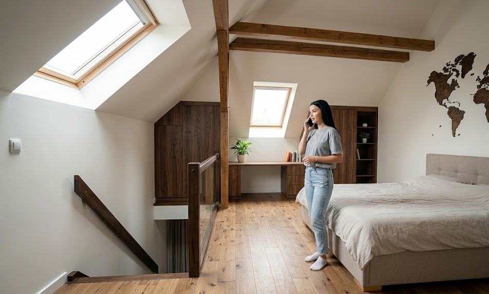Woman talking on phone in modern attic bedroom with wooden furniture and skylights