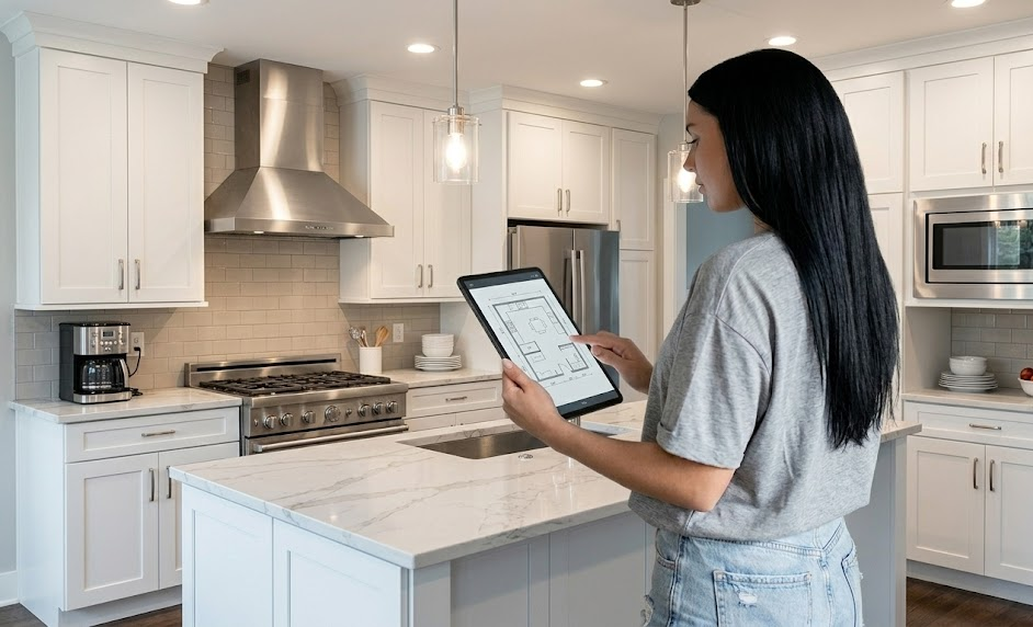 Woman using tablet for smart kitchen design in modern white kitchen with marble countertops