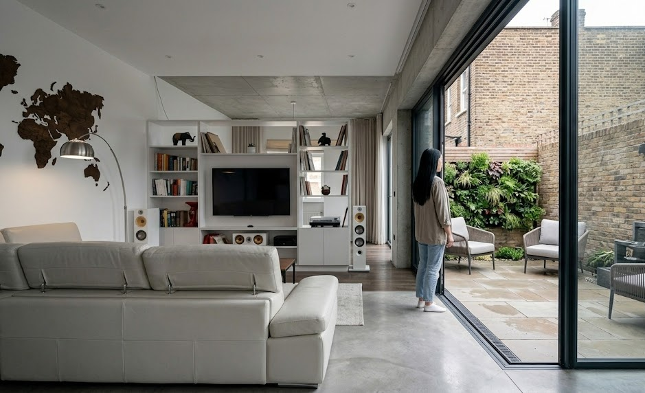 Modern living room with open patio doors, woman stands near garden wall, elegant interior design featuring cosy seating