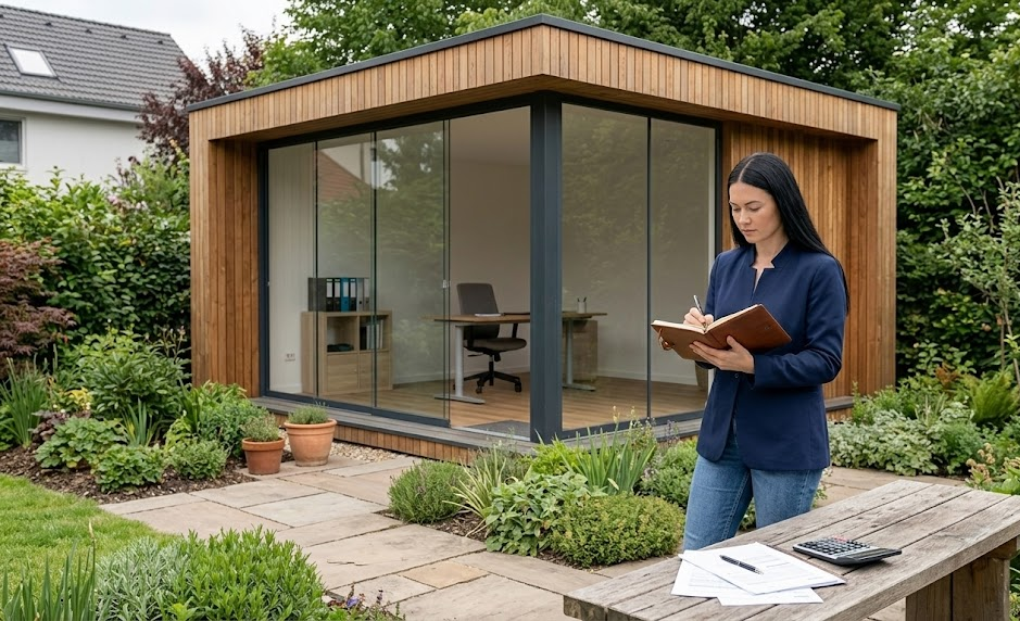 Woman writing in notebook outside modern garden office pod amidst greenery