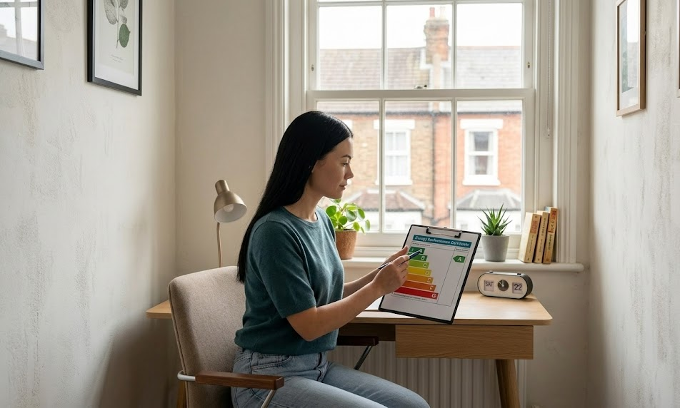 Woman in home office analysing an energy performance certificate by a window desk
