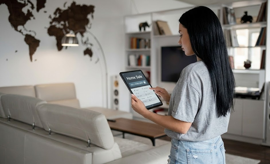 Woman using tablet for home sale in modern living room with world map wall art