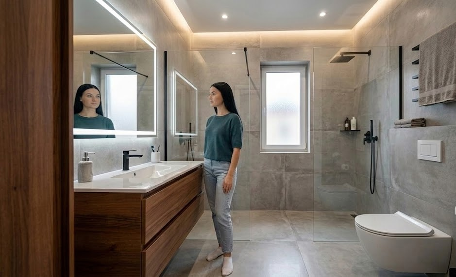 Modern bathroom with woman looking in illuminated mirror, featuring wood vanity, glass shower, and minimalist design