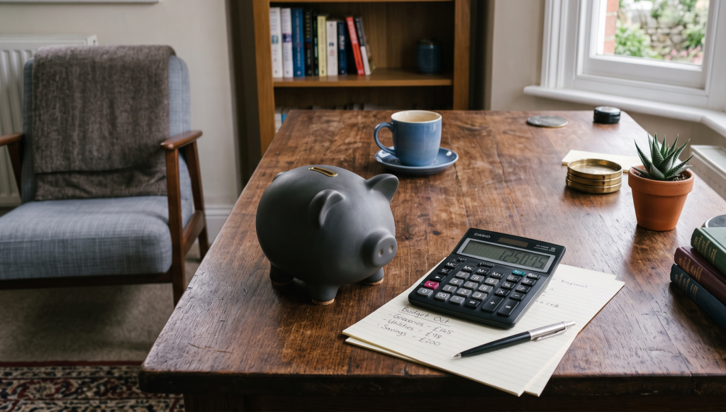 A piggy bank on the table with some savings in it