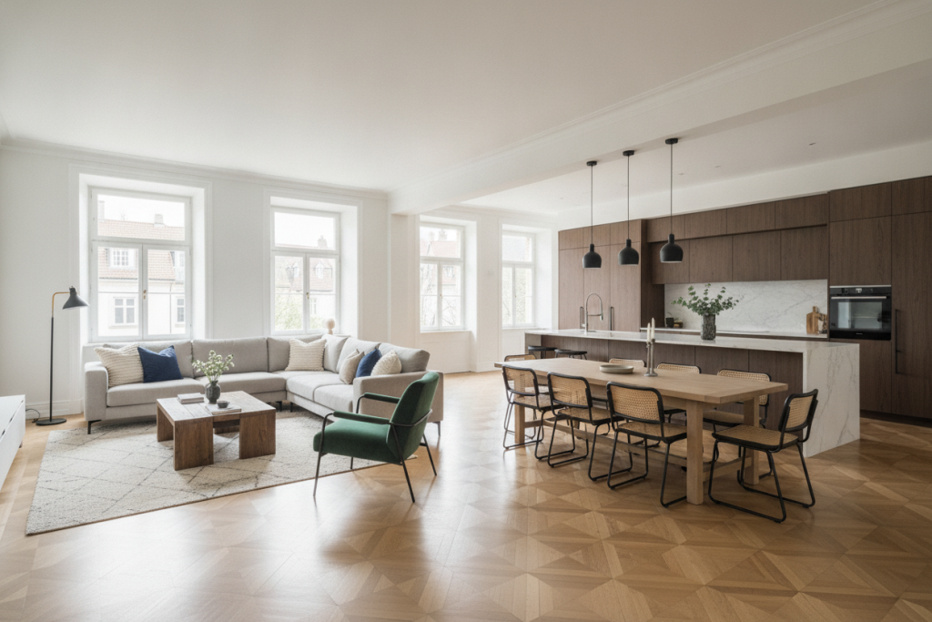 Modern open-plan living room and kitchen with stylish furniture