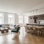 Modern open-plan living room and kitchen with stylish furniture